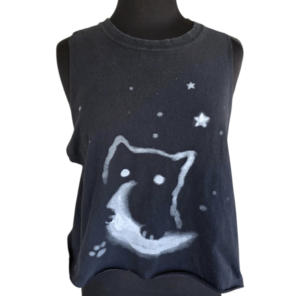 Hot Topic Custom Cut Cropped Tank Black Cat Moon Graphic Top Large